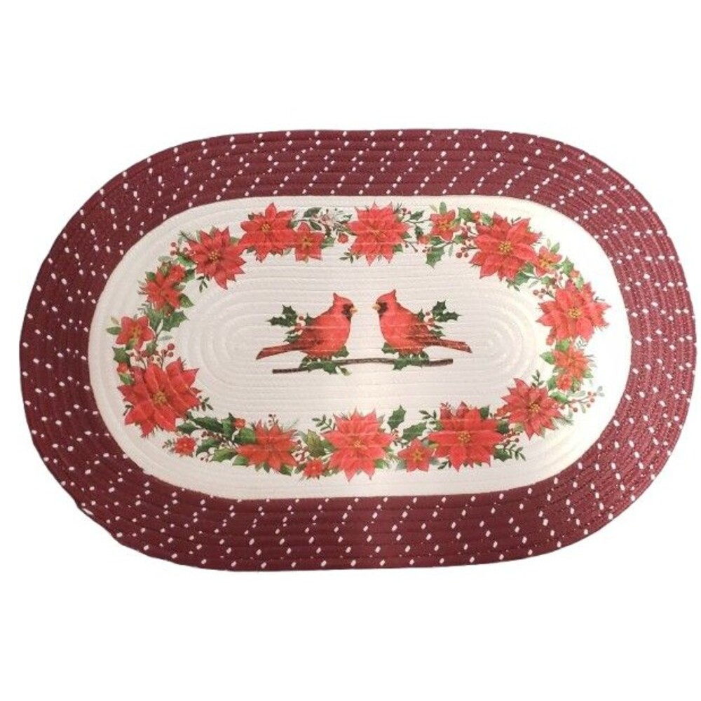 Oval Braided Kitchen Accent Rug(20"x30")CHRISTMAS POINSETTIA & CARDINAL BIRDS,CE